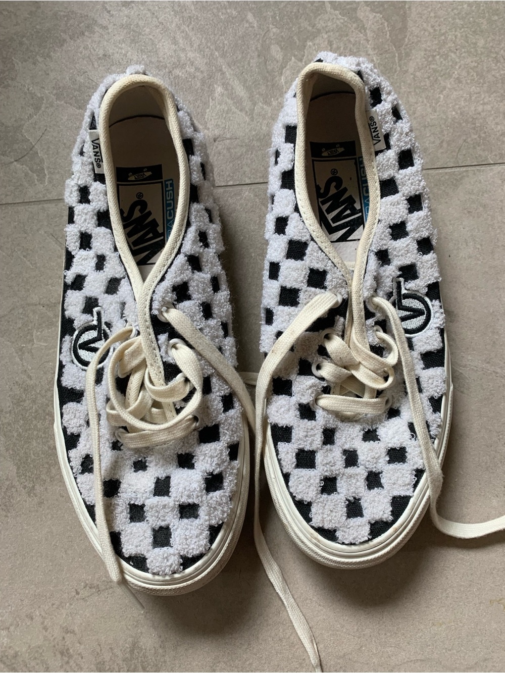 Vans Platform Checkerboard Terry Cloth Sneakers in Black, White & Cream